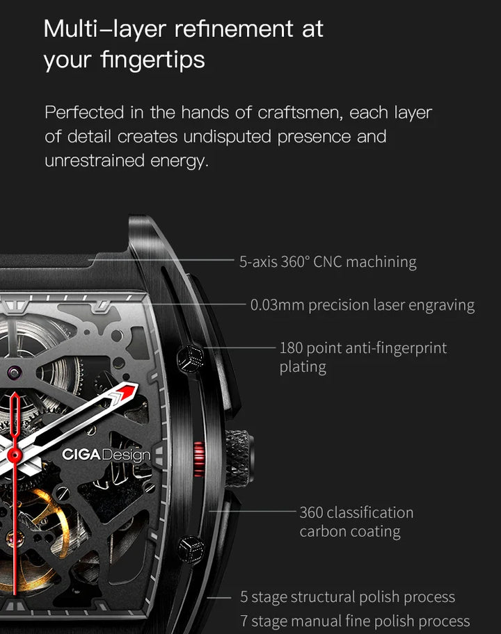 CIGA Design Z Series Men's Watch: Black DLC Skeleton with Casual Design