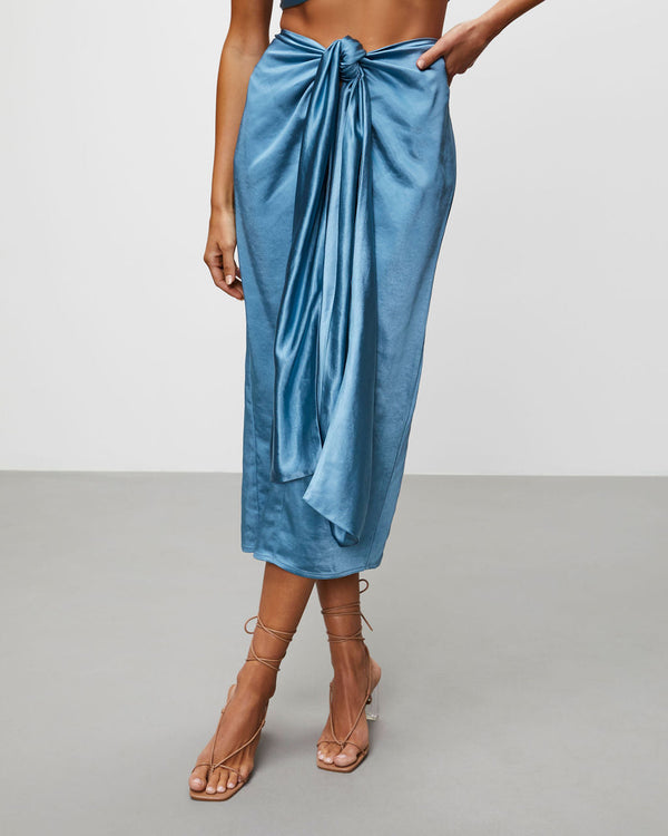 Elenora Satin Front Wrap Midi Skirt Blue