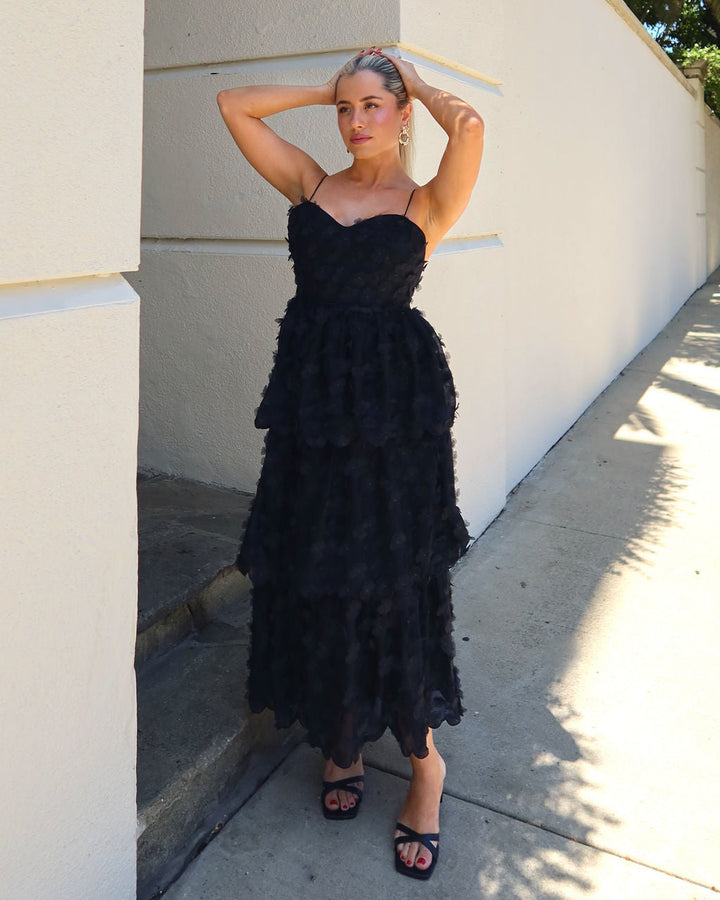 Faded Florals Chiffon Midi Dress Black