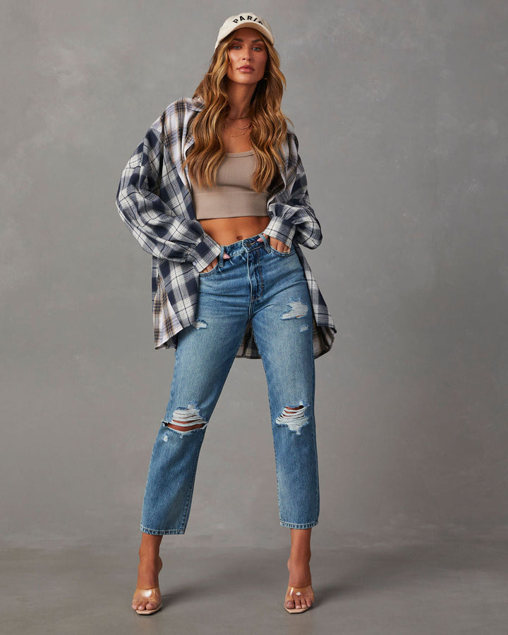 Axton Oversized Plaid Button Down Top Black Beige