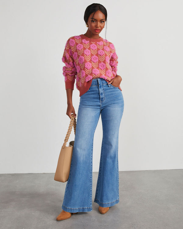 Corinne Textured Floral Pullover Sweater Rust Pink