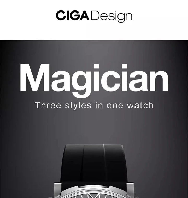 CIGA Design Magician Series Men's Watch: 3-in-1 Skeleton with Steel Case & Fluororubber Strap