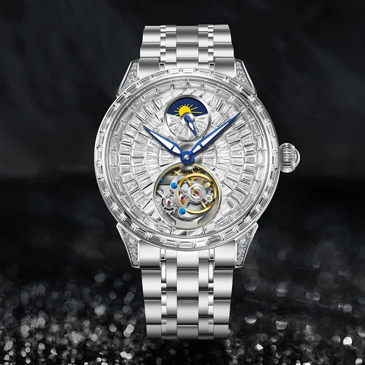 Men's Watch: Diamond Dial Stainless Steel Belt with Tourbillon Movement
