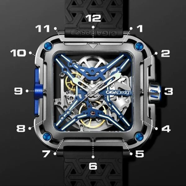 CIGA Design X Series Men's Watch: Titanium Skeleton with Luminous Design & Two Straps