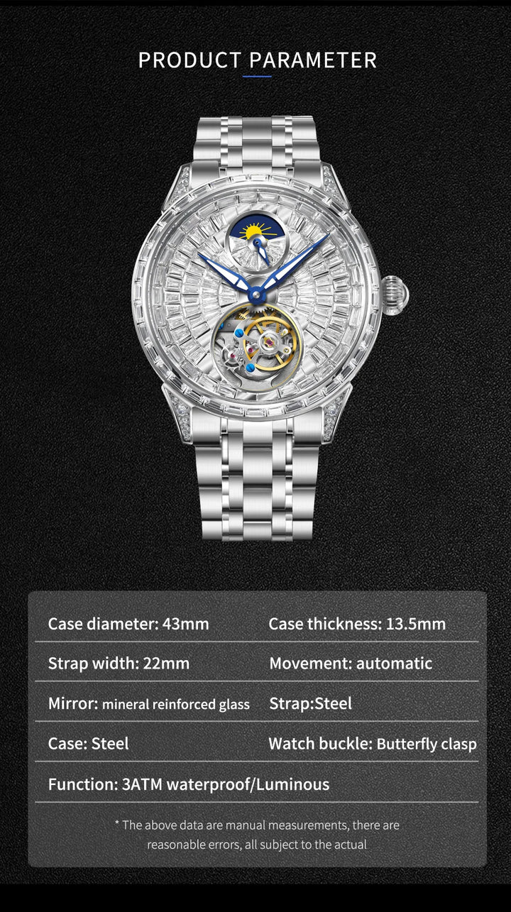 Men's Watch: Diamond Dial Stainless Steel Belt with Tourbillon Movement
