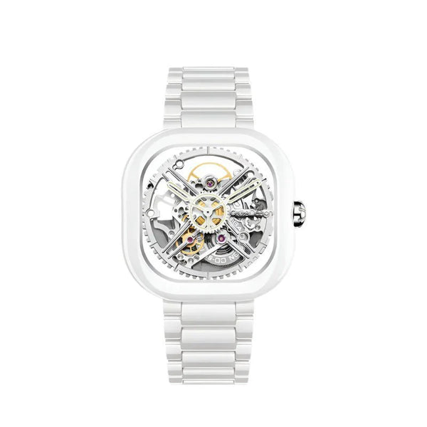 CIGA Design Y Series Couple Watch: White Ceramic Skeleton with Luminous Jade Design White Automatic