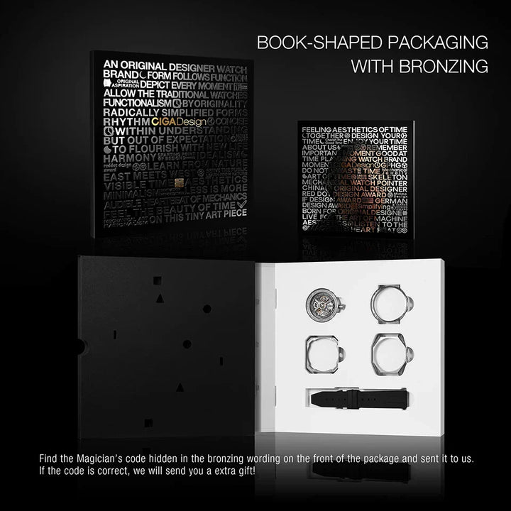 CIGA Design Magician Series Men's Watch: 3-in-1 Skeleton with Steel Case & Fluororubber Strap