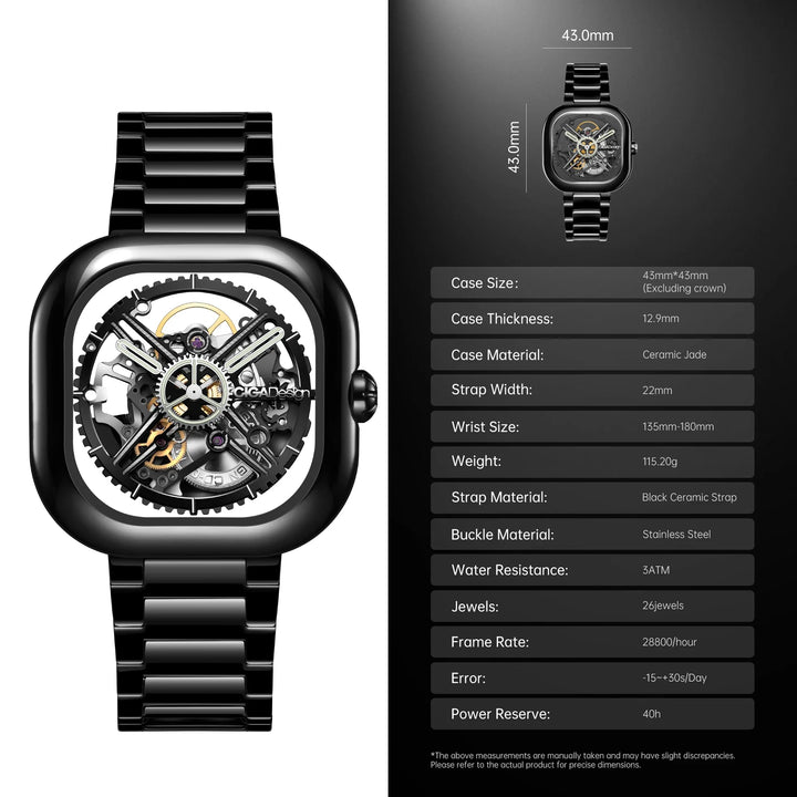 CIGA Design Y Series Watch: Eastern Jade Black Skeleton with Luminous Ceramic Case