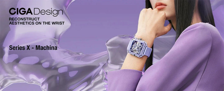 CIGA Design X Series Women's Watch: Purple Ceramic Skeleton with Silicone Strap
