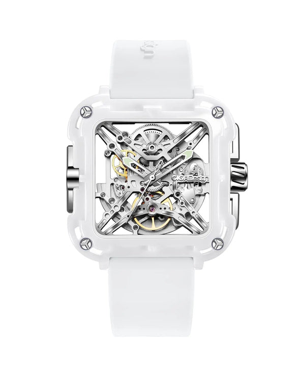 CIGA Design X Series Couple Watch: White Ceramic Skeleton with Luminous Design White Automatic