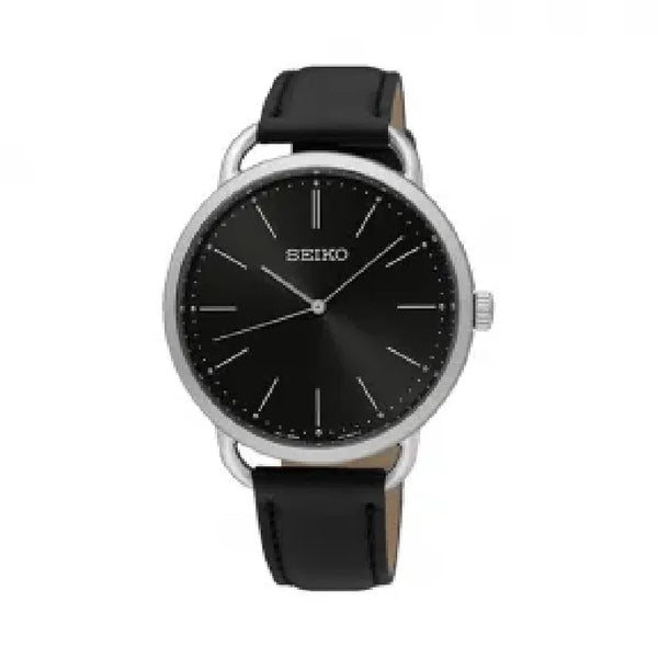 Seiko Quartz Stone Men's Watch Japan Original Black Dial Cowhide Wrist Strap 5 Bar Waterproof Folding Buckle Sur233j1 Black