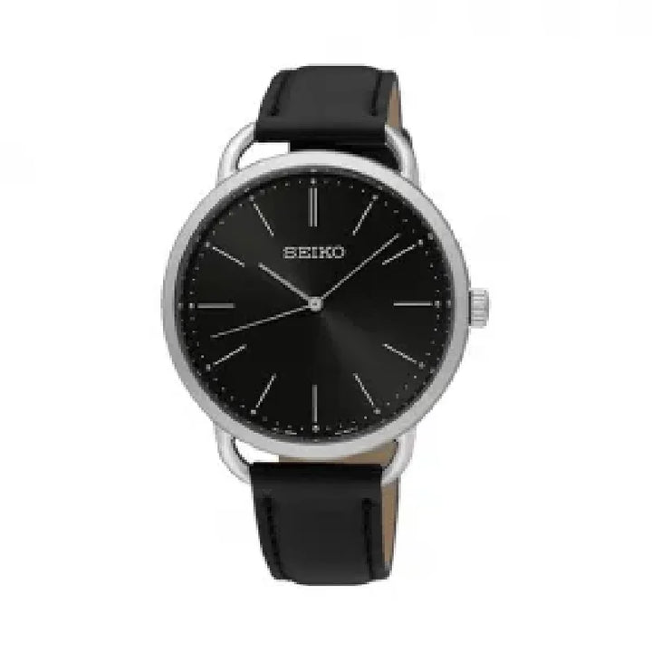 Seiko Quartz Stone Men's Watch Japan Original Black Dial Cowhide Wrist Strap 5 Bar Waterproof Folding Buckle Sur233j1 Black