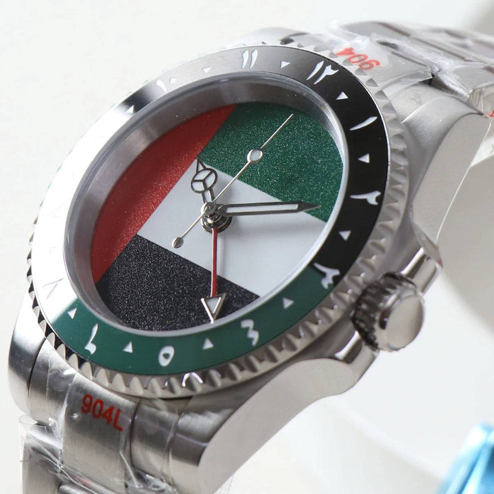 NH34 GMT Watch Flag of the United Arab Emirates Dial 40mm Green Black Bezel Automatic Mechanical Movement Watch Sapphire Crystal