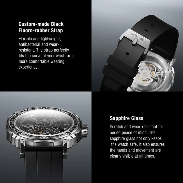 CIGA Design Men's Watch: 3-in-1 Titanium Skeleton with Fluororubber Strap