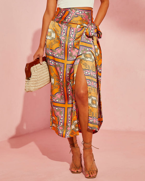 Manique Satin Printed Side Tie Midi Skirt Multi