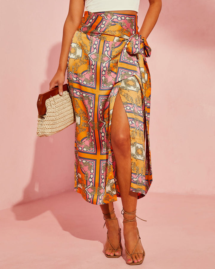 Manique Satin Printed Side Tie Midi Skirt Multi