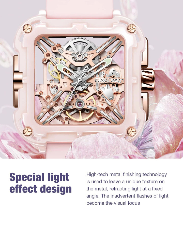 CIGA Design X Series Women's Watch: Pink Ceramic Skeleton with Soft Silicone Strap