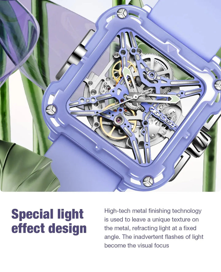 CIGA Design X Series Women's Watch: Purple Ceramic Skeleton with Silicone Strap