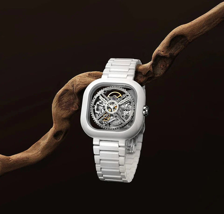 CIGA Design Y Series Couple Watch: White Ceramic Skeleton with Luminous Jade Design