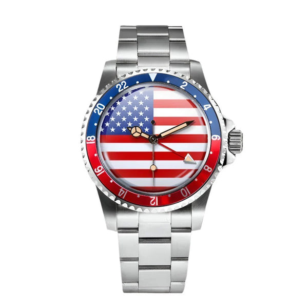 GMT Vintage Watch American Flag Dial 40mm Red Blue Bezel Automatic Movement Men's Watch Acrylic 5ATM Waterproof Watch American