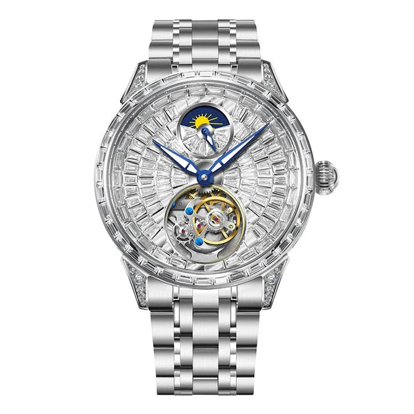 Men's Watch: Diamond Dial Stainless Steel Belt with Tourbillon Movement 6637