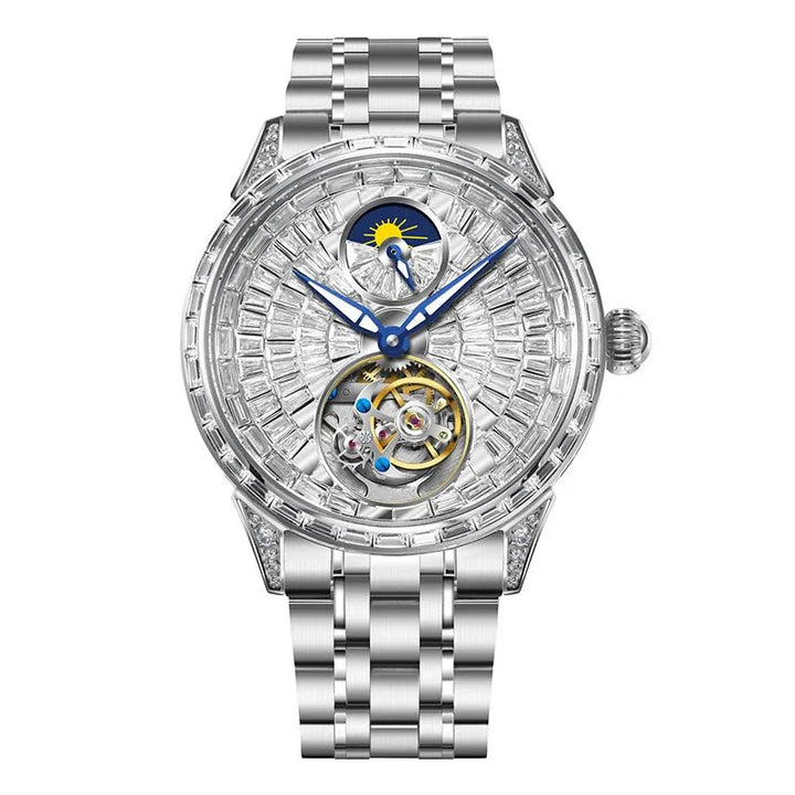 Men's Watch: Diamond Dial Stainless Steel Belt with Tourbillon Movement 6637