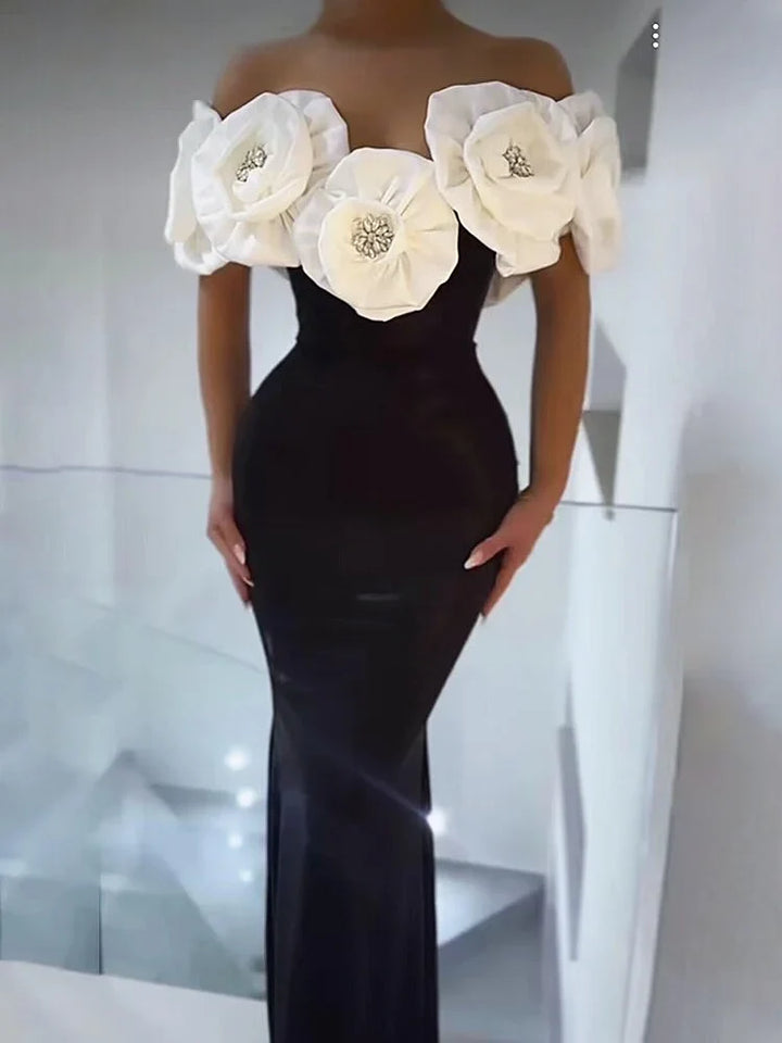 Stereoscopic Golden Flowers Off-the-Shoulder Ankle-Length Bandage Dress White Flower