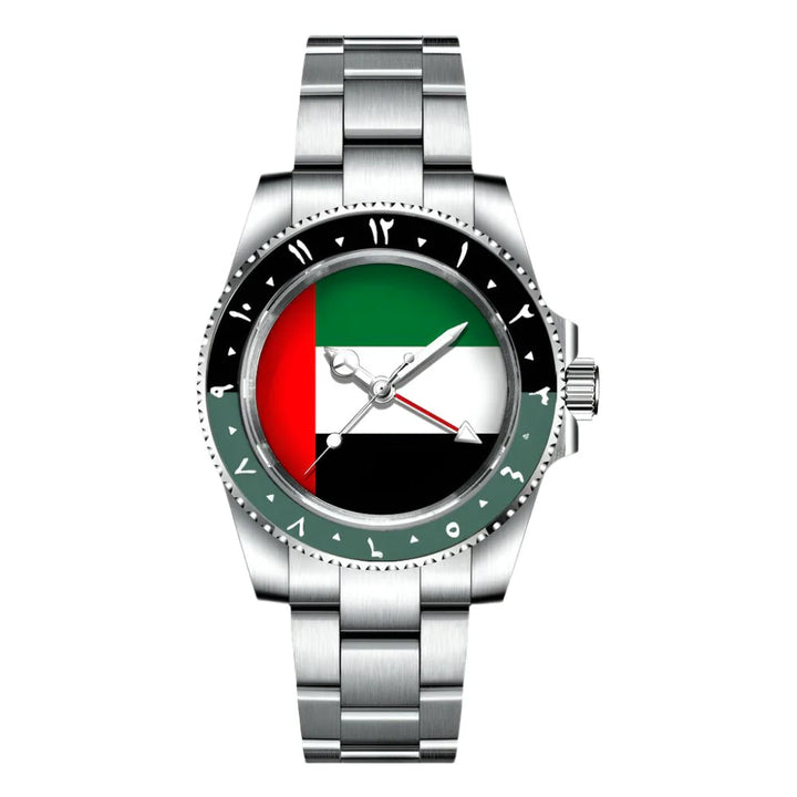 NH34 GMT Watch Flag of the United Arab Emirates Dial 40mm Green Black Bezel Automatic Mechanical Movement Watch Sapphire Crystal United Arab Emirates
