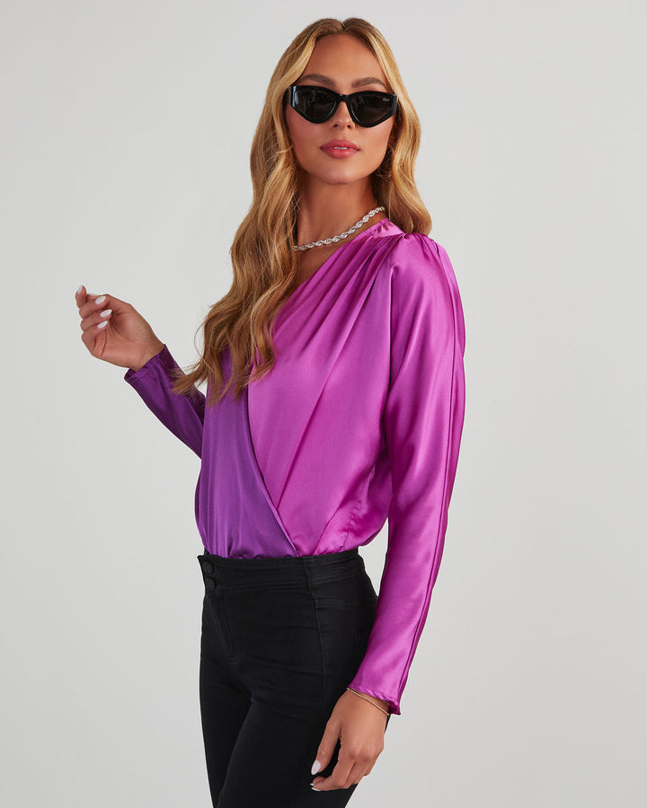 Two Sides Satin Drape Bodysuit Purple Magenta