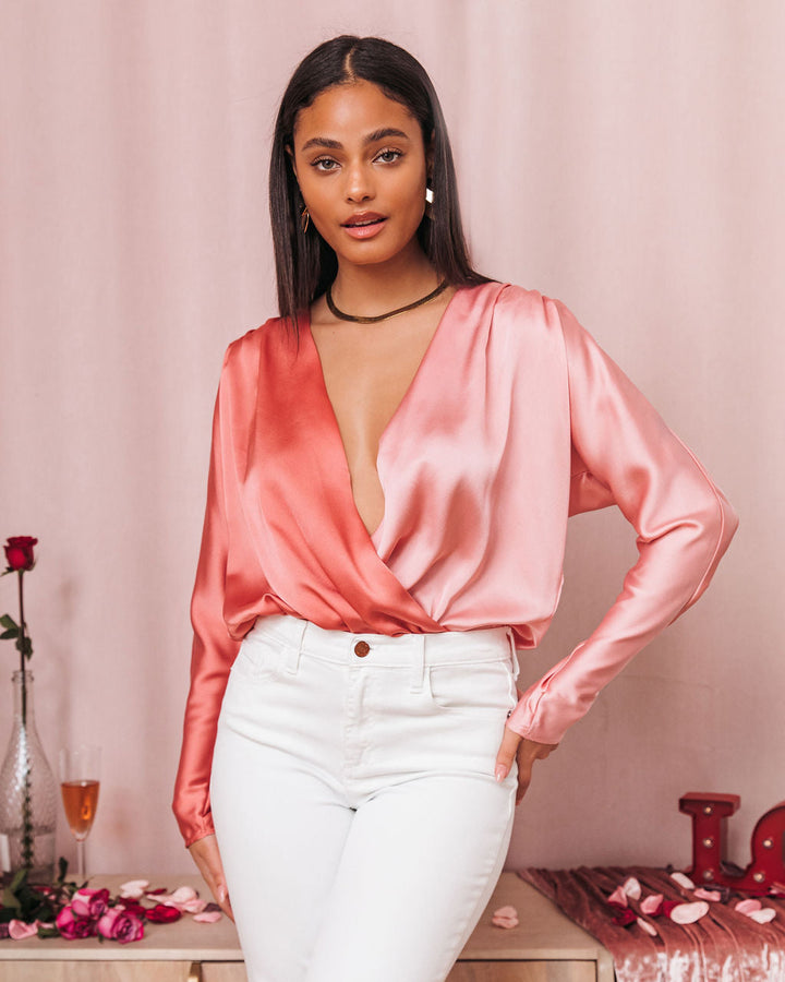 Two Sides Satin Drape Bodysuit Peach Blush