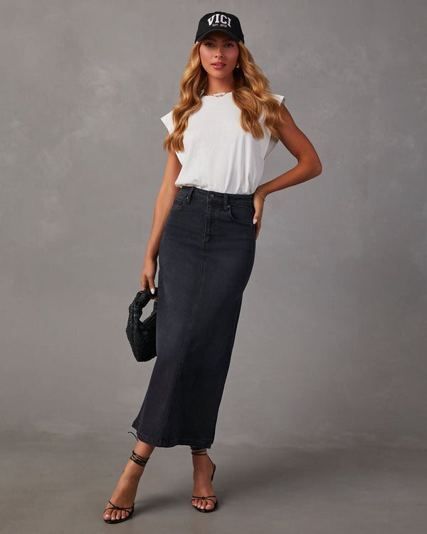 Chic Side Slit Denim Midi Skirt Black