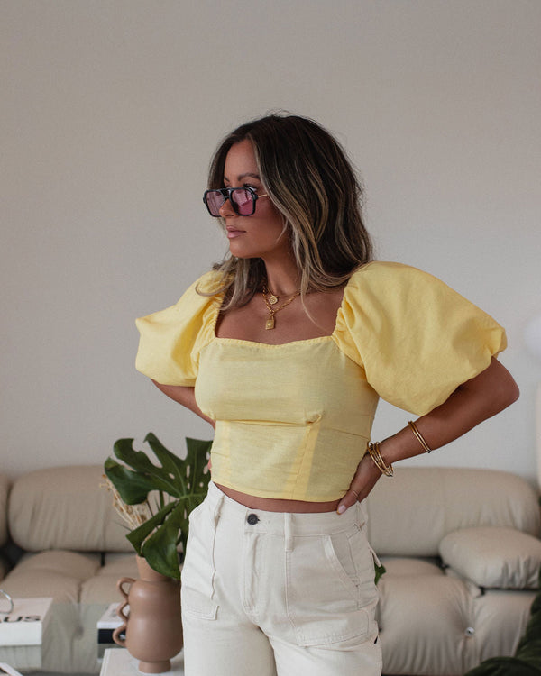 Rylee Cotton Linen Blend Puff Sleeve Top Yellow