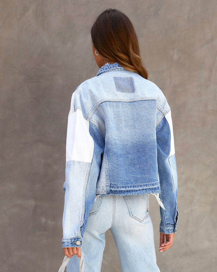 Justification Patchwork Denim Frayed Hem Jacket