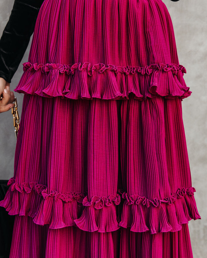 Nasreen Plisse Chiffon Tiered Maxi Skirt Wine
