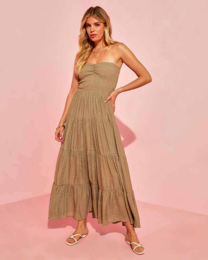 Rosalina Strapless Smocked Tiered Maxi Dress Olive