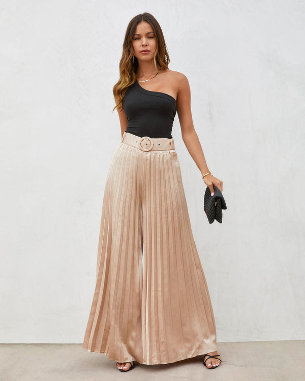 True Elegance Satin Pleated Belted Wide Leg Pants Light Taupe